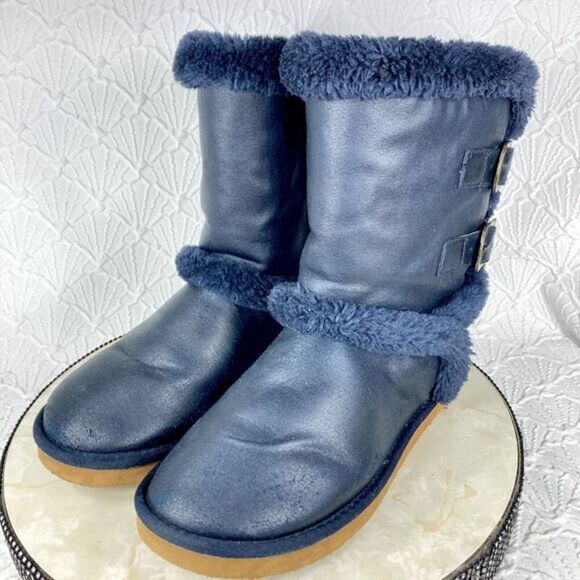 UGG Boots Womens Sz 10 Navy Blue Becket Suede Shearling Sheepskin Buckle Booties - Picture 6 of 13